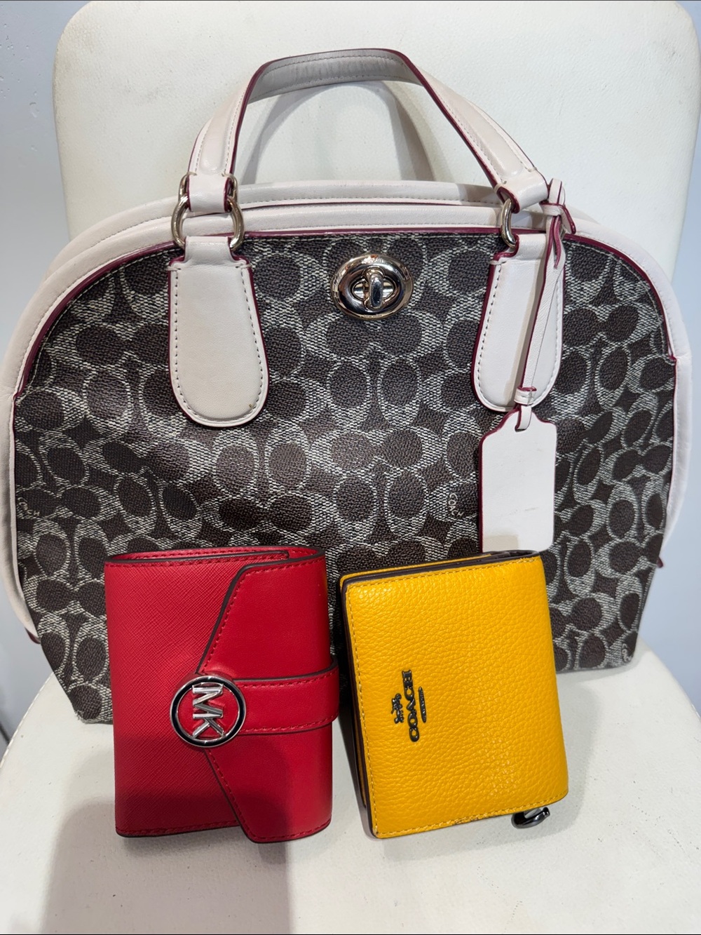 Coach Gray Signature Dome Satchel with White Trim